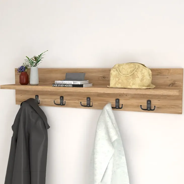 Appendiabiti da parete 80x18h cm con mensola rovere rustico Makira
