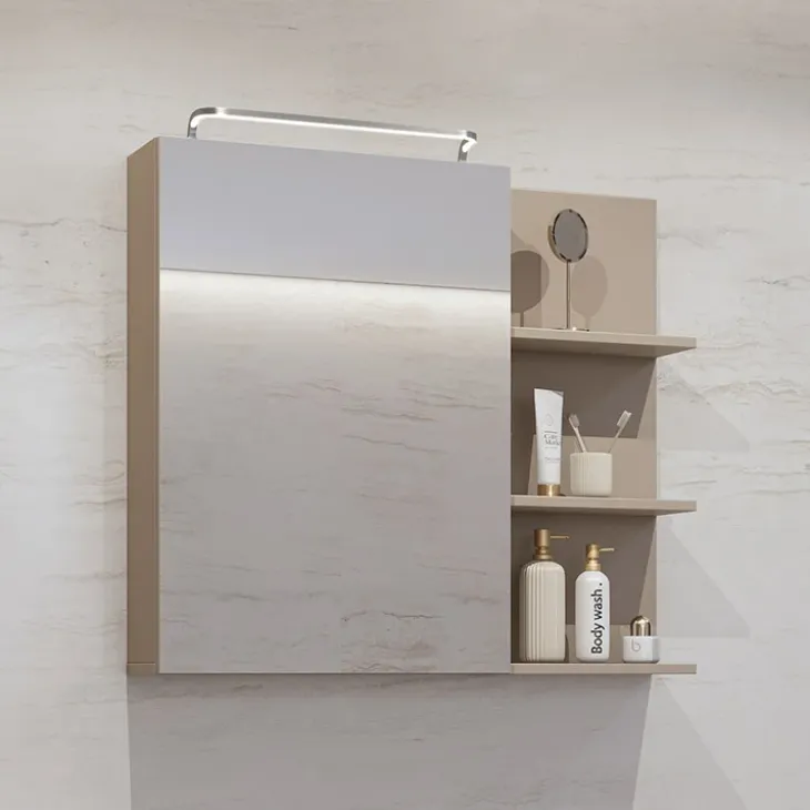 Armadietto bagno con specchio 78x71h cm 1 anta 3 mensole tortora Linda