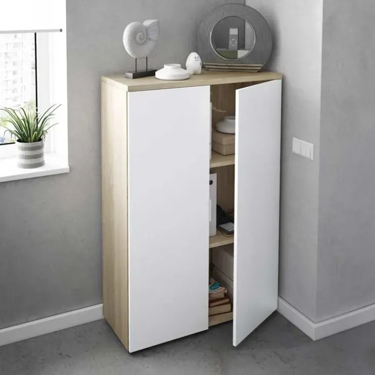 Armadietto ufficio 80x119h cm 2 ante rovere bianco opaco Work