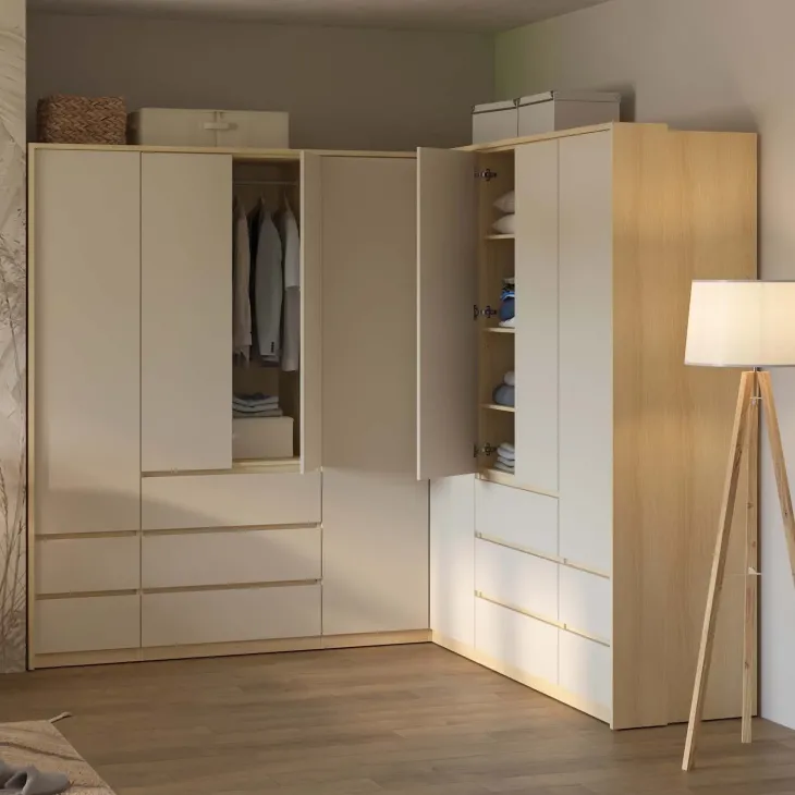 Armadio angolare 235x215h cm 8 ante 10 cassetti beige cashmere rovere Elvira