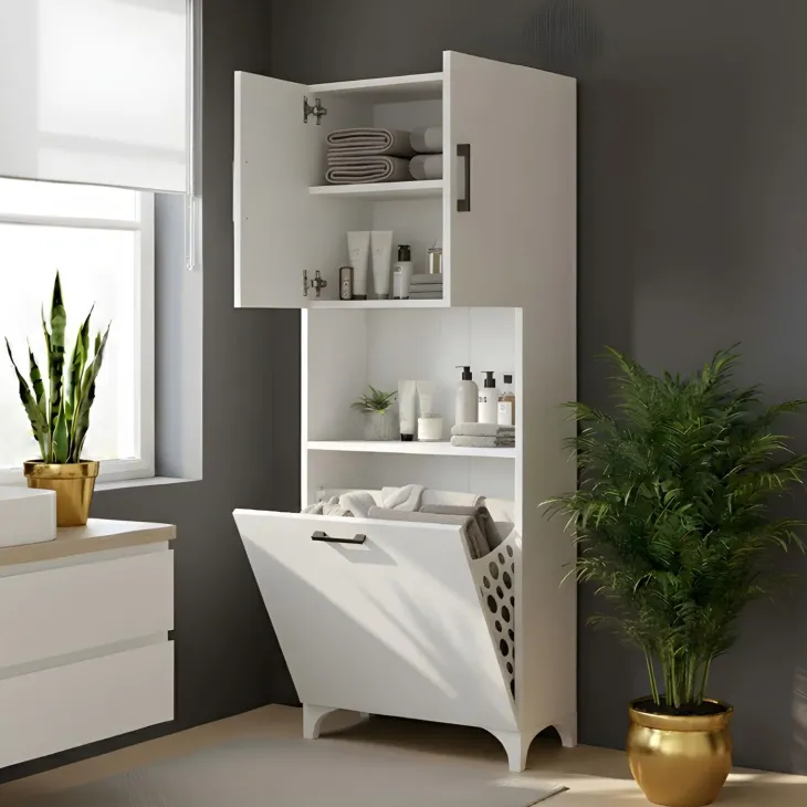 Armadio lavanderia 60x154h cm con cesto porta biancheria 2 ante e vano a giorno bianco Klara