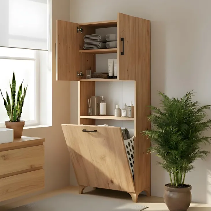 Armadio lavanderia 60x154h cm con cesto porta biancheria 2 ante e vano a giorno rovere rustico Klara