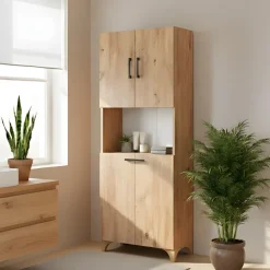 Armadio lavanderia 60x154h cm con cesto porta biancheria 2 ante e vano a giorno rovere rustico Klara