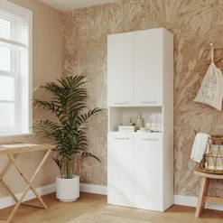 Armadio lavanderia 60x174h cm con cesto porta biancheria e 3 ante e vano a giorno bianco Grangy