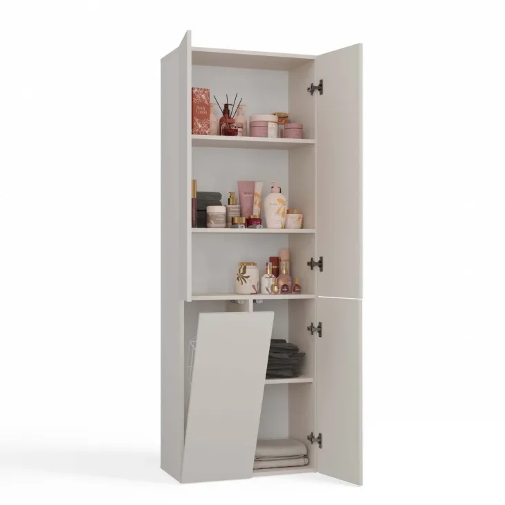 Armadio lavanderia 60x174h cm con cesto porta biancheria e 3 ante beige cashmere Melanie