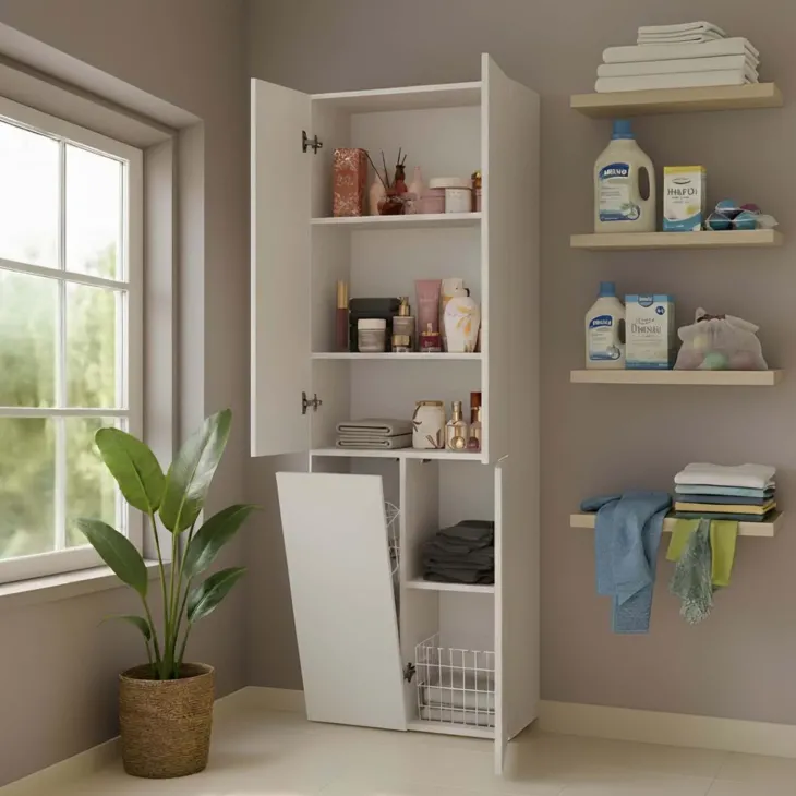 Armadio lavanderia 60x174h cm con cesto porta biancheria e 3 ante beige cashmere Melanie