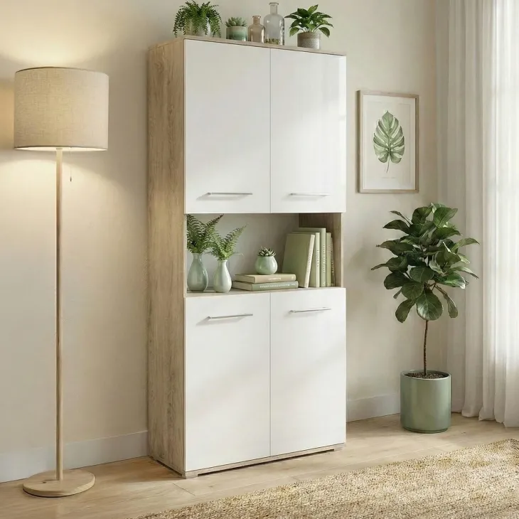 Armadio multiuso 80x176h cm 4 ante e ripiano rovere bianco lucido Time U
