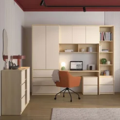 Armadio per cameretta 251x215h cm con scrivania beige cashmere rovere Elvira