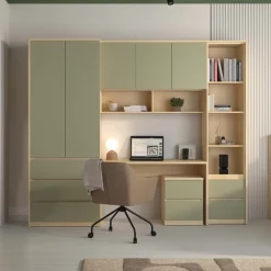 Armadio per cameretta 251x215h cm con scrivania e libreria verde salvia rovere Elvira