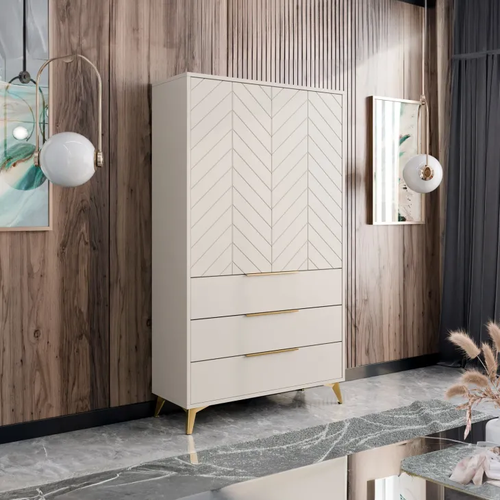 Armadio soggiorno 104x180h cm 2 ante 6 cassetti beige con frontali serigrafati Miriam