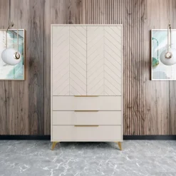 Armadio soggiorno 104x180h cm 2 ante 6 cassetti beige con frontali serigrafati Miriam