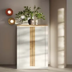 Armadio soggiorno 114x160h cm 2 ante con led bianco lucido rovere chiaro Istria