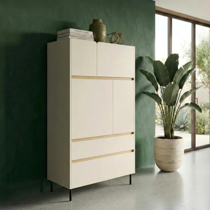 Armadio soggiorno 80x165h cm 4 ante 2 cassetti beige cashmere rovere chiaro Linfa
