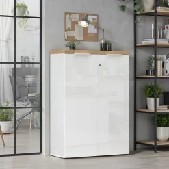 Armadio ufficio con serratura 80x115h cm 2 ante bianco lucido rovere chiaro Opera
