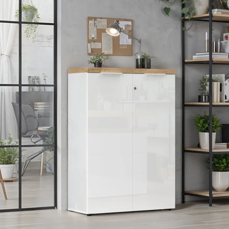Armadio ufficio con serratura 80x115h cm 2 ante bianco lucido rovere chiaro Opera