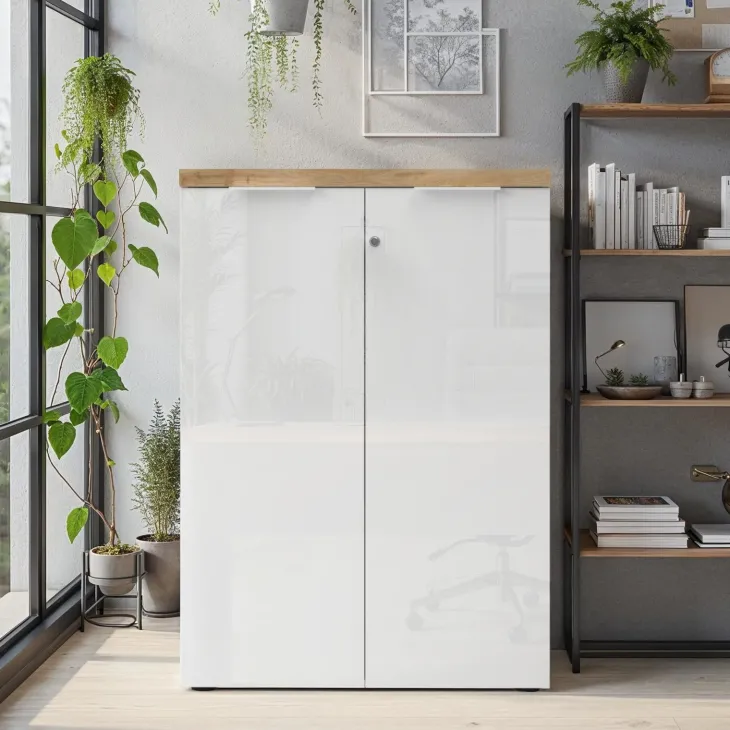 Armadio ufficio con serratura 80x115h cm 2 ante bianco lucido rovere chiaro Opera