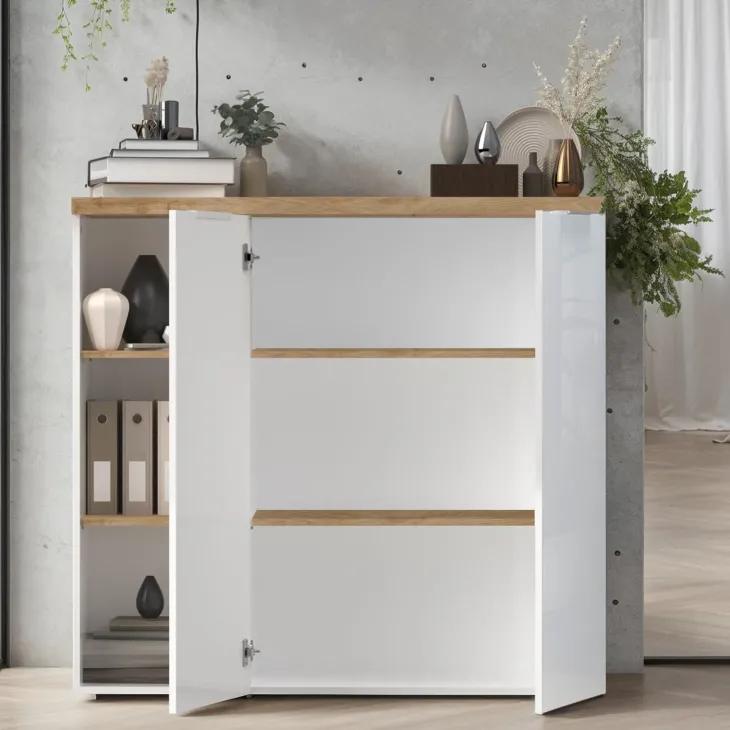 Armadio ufficio 120x115h cm 2 ante 3 vani bianco lucido rovere chiaro Opera
