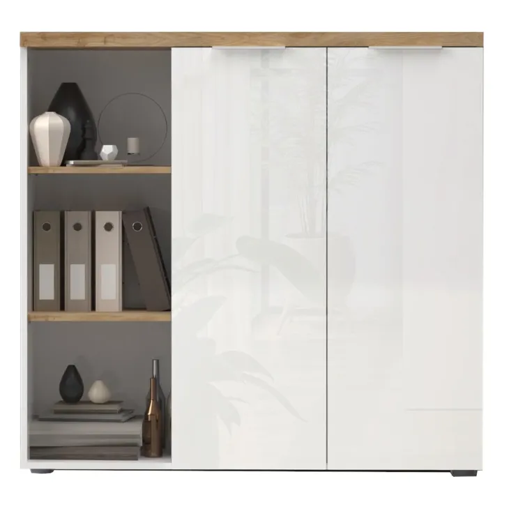 Armadio ufficio 120x115h cm 2 ante 3 vani bianco lucido rovere chiaro Opera