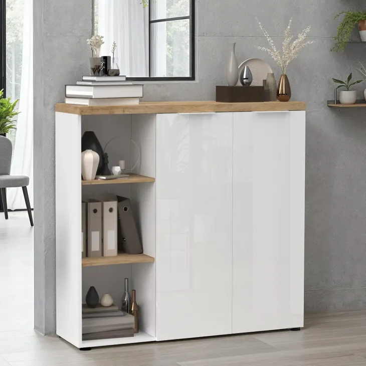 Armadio ufficio 120x115h cm 2 ante 3 vani bianco lucido rovere chiaro Opera