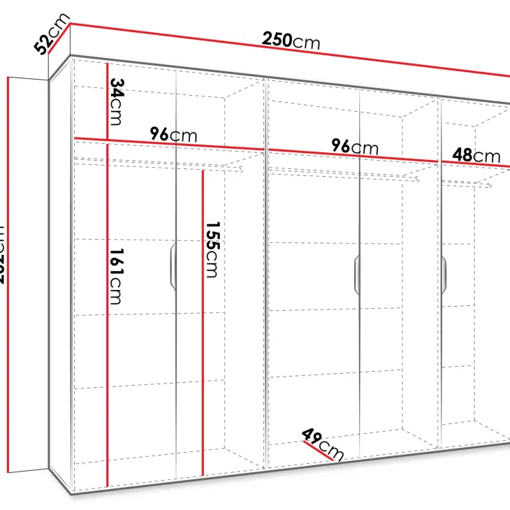 Armadio 250x202 cm 5 ante con specchio bianco opaco Valencia
