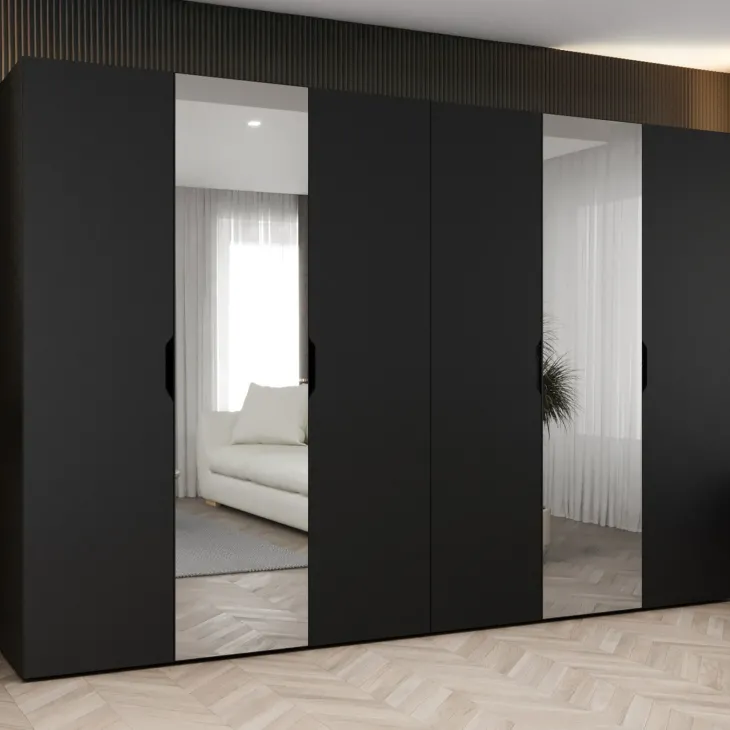 Armadio 300x202 cm 6 ante con specchio nero opaco Valencia