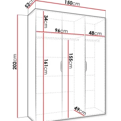Armadio 150x202 cm 3 ante con specchio nero opaco Valencia
