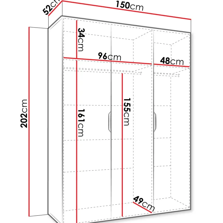 Armadio 150x202 cm 3 ante con specchio bianco opaco Valencia