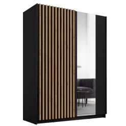 Armadio 150x198h 2 ante scorrevoli cannettato con specchio nero rovere Ophelia