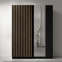 Armadio 150x198h 2 ante scorrevoli cannettato con specchio nero rovere Ophelia