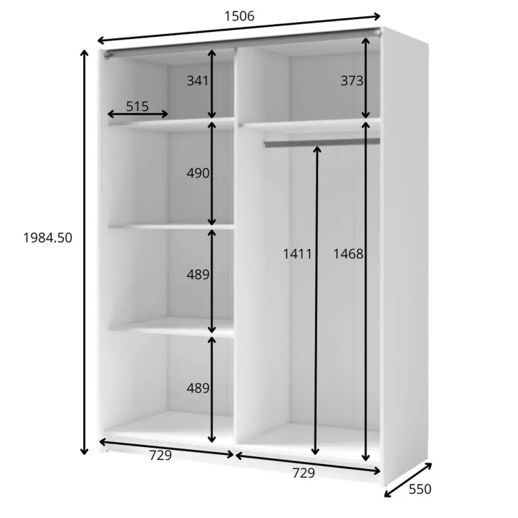 Armadio 150x198h 2 ante scorrevoli cannettato con specchio bianco rovere Ophelia