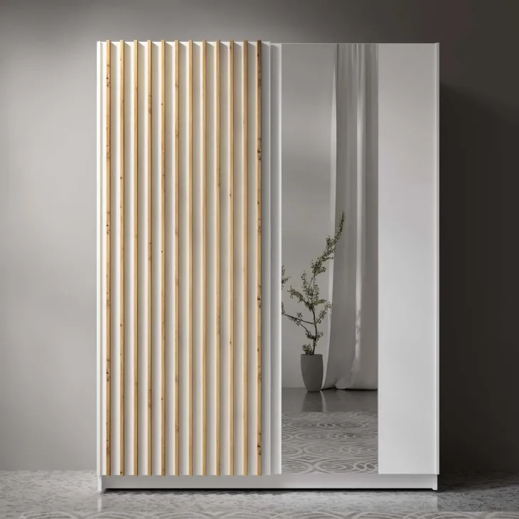 Armadio 150x198h 2 ante scorrevoli cannettato con specchio bianco rovere Ophelia