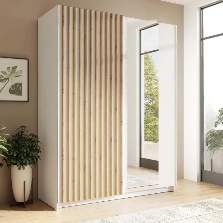 Armadio 150x198h 2 ante scorrevoli cannettato con specchio bianco rovere Ophelia