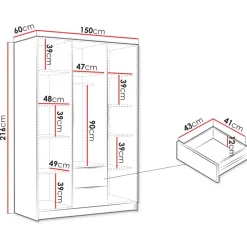 Armadio 150x216h cm 3 ante battenti 2 cassetti bianco opaco Ampy