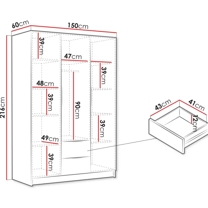 Armadio 150x216h cm 3 ante battenti 2 cassetti beige cashmere Ampy