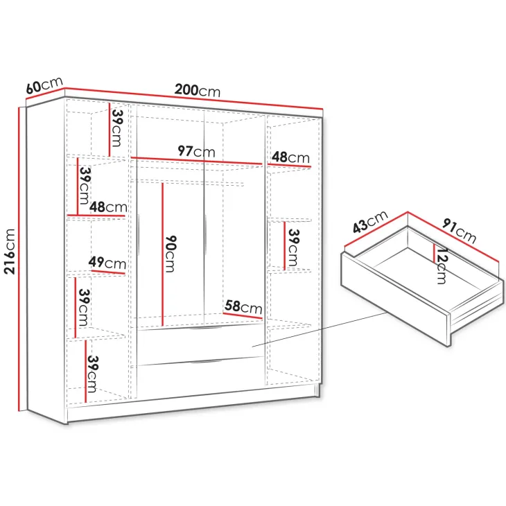 Armadio 200x216h cm 4 ante battenti 2 cassetti rovere Ampy
