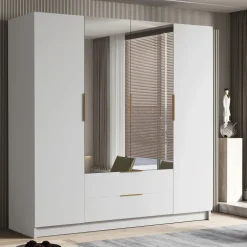 Armadio 200x216h cm 4 ante battenti con specchio 2 cassetti bianco opaco Ampy