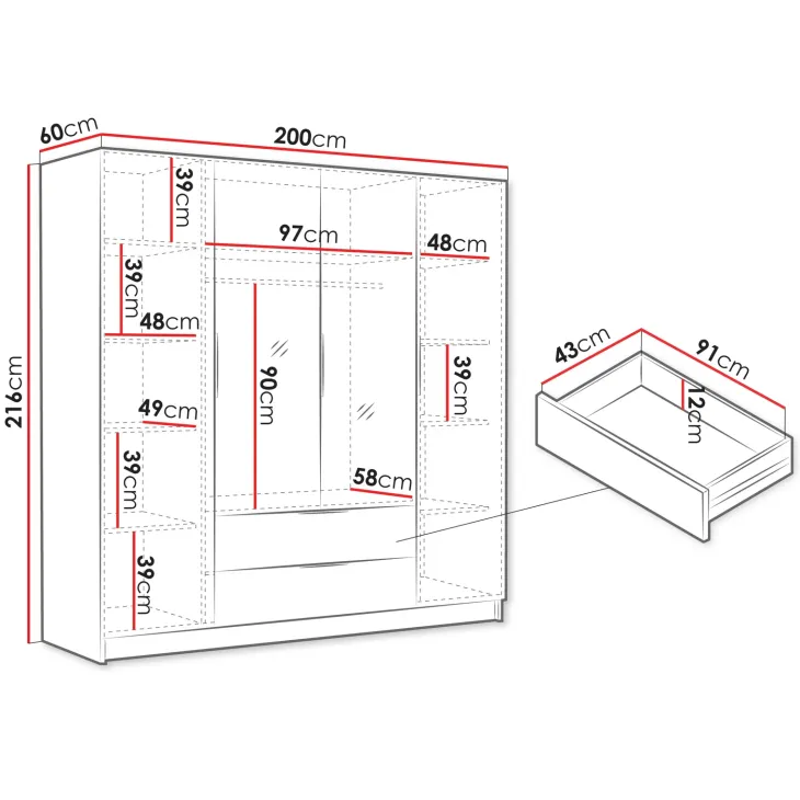 Armadio 200x216h cm 4 ante battenti con specchio 2 cassetti bianco opaco Ampy