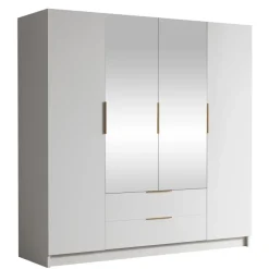 Armadio 200x216h cm 4 ante battenti con specchio 2 cassetti bianco opaco Ampy