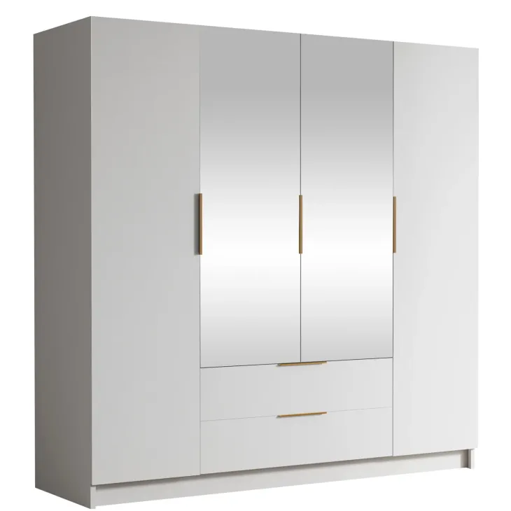 Armadio 200x216h cm 4 ante battenti con specchio 2 cassetti bianco opaco Ampy