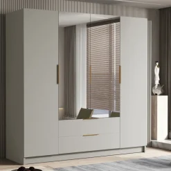 Armadio 200x216h cm 4 ante battenti con specchio 2 cassetti beige cashmere Ampy