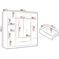 Armadio 200x216h cm 4 ante battenti con specchio 2 cassetti rovere Ampy