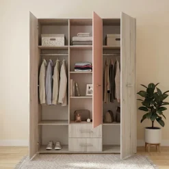 Armadio 150x201h cm 3 ante 2 cassetti bianco frassinato rosa Bra