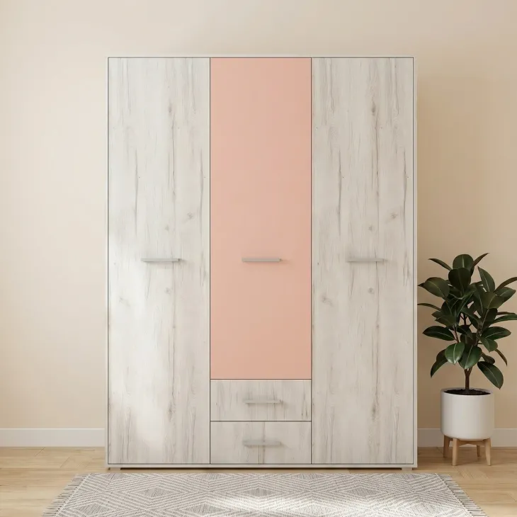 Armadio 150x201h cm 3 ante 2 cassetti bianco frassinato rosa Bra