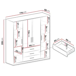 Armadio 196x200h cm 4 ante 3 cassetti con specchio grafite Sottosogno