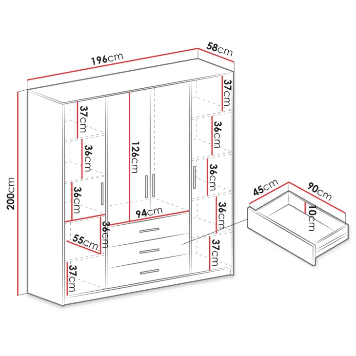 Armadio 196x200h cm 4 ante 3 cassetti con specchio grafite Sottosogno