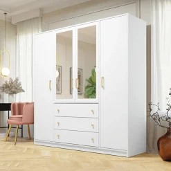 Armadio 196x200h cm 4 ante 3 cassetti con specchio bianco oro Ylma