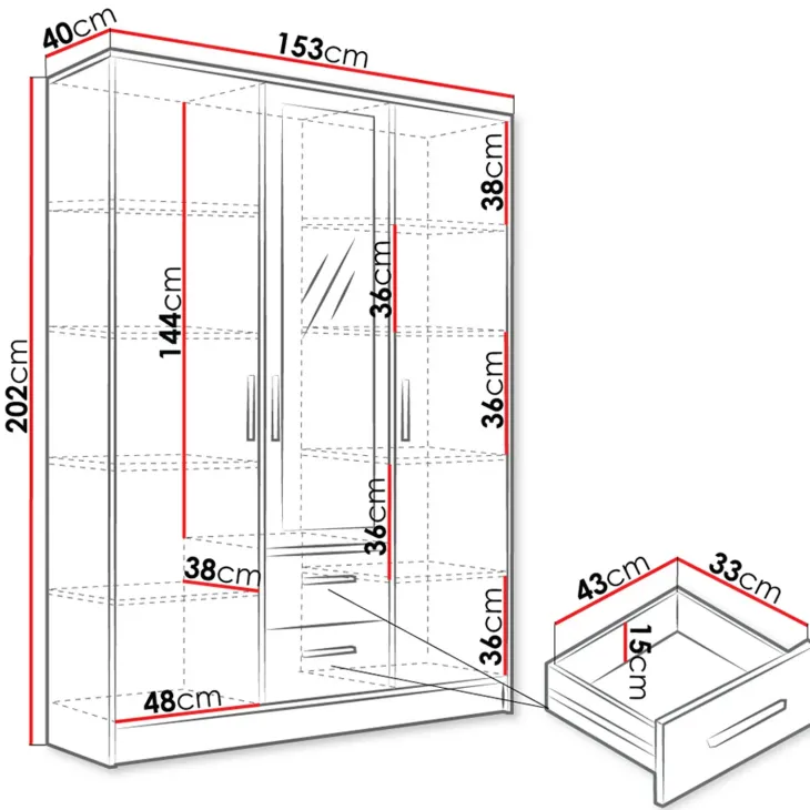 Armadio 153x202h cm 3 ante 2 cassetti con specchio bianco opaco Enirel
