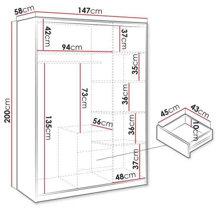 Armadio 147x200h cm 3 ante 3 cassetti con specchio grafite Sottosogno