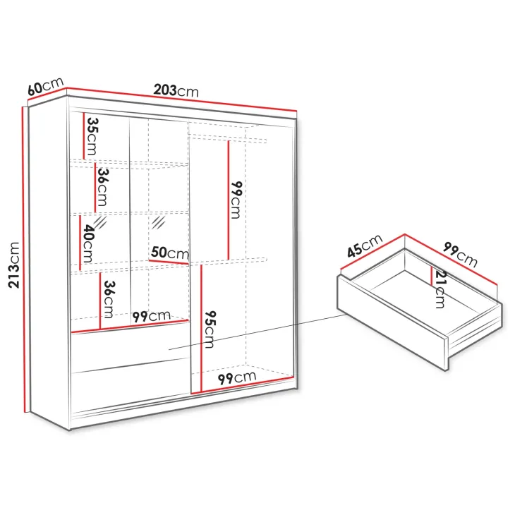 Armadio 203x213h cm 3 ante 2 cassetti rovere Stiky