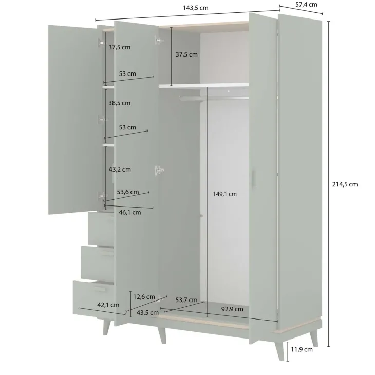 Armadio 144x215h cm 3 ante 3 cassetti verde salvia Yu